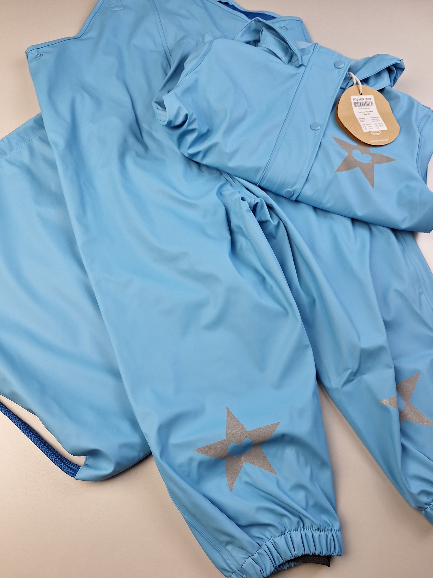 Světle modrá souprava do deště - kalhoty, bunda, vak